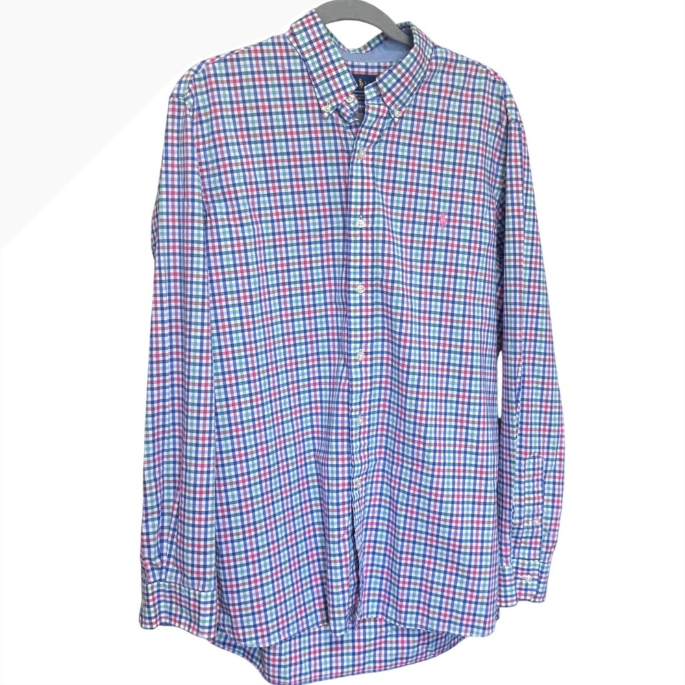 Ralph Lauren Button Down Shirt Gingham Plaid L Multi Excellent Cotton Stretch
